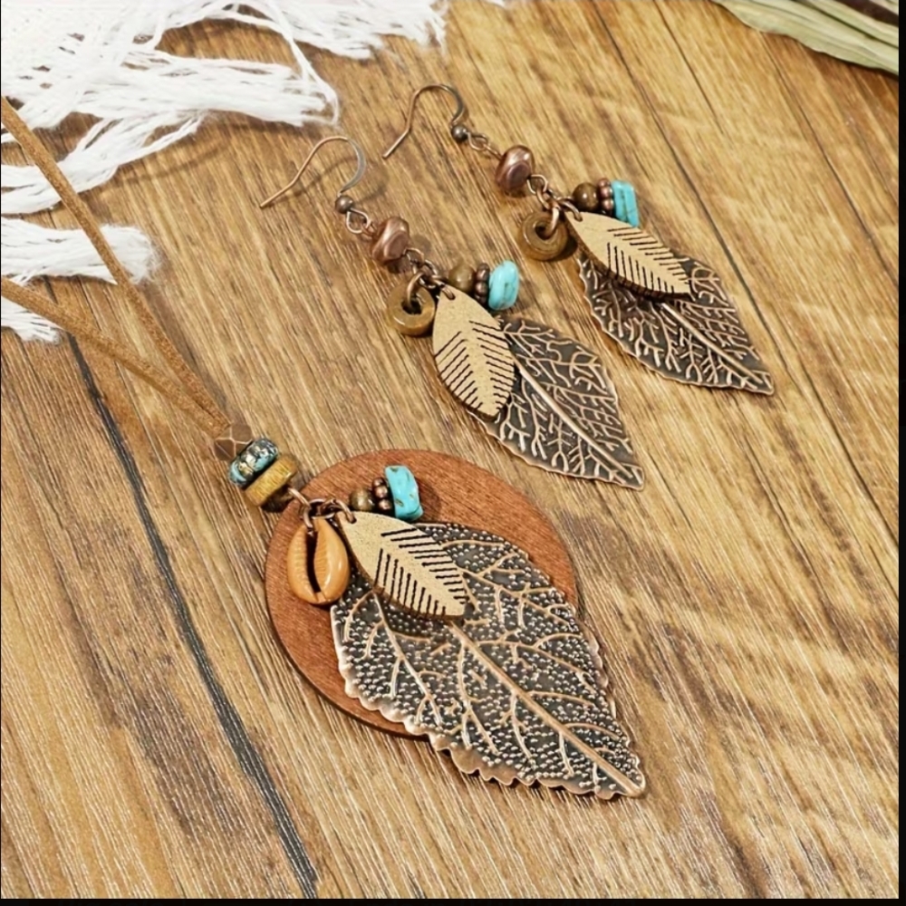 Boho Leaf Pendant Necklace and Earrings Set - Turquoise and Copper